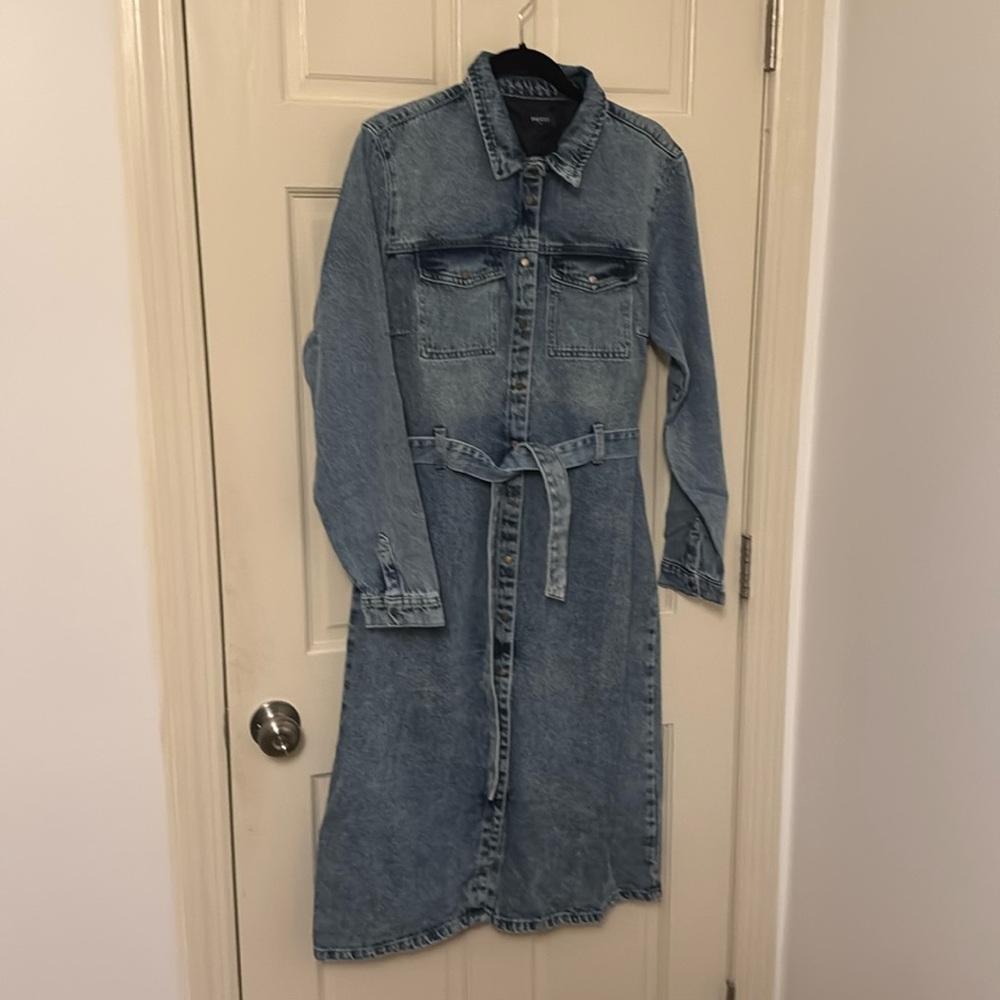 Denim Shirt Dress with Tie Waist - Blue